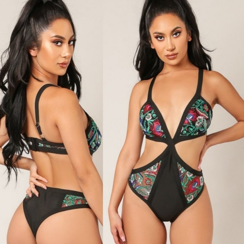 Vibrant Floral Embroidered Mesh Monokini One-Piece - Picture 2 of 13